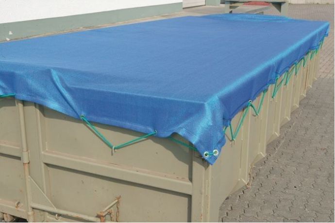 Kontejnerová plachta PE 320 g/m2, 2,9 x 5,0 m, modrá, gumová šňůra, nehořlavá úprava